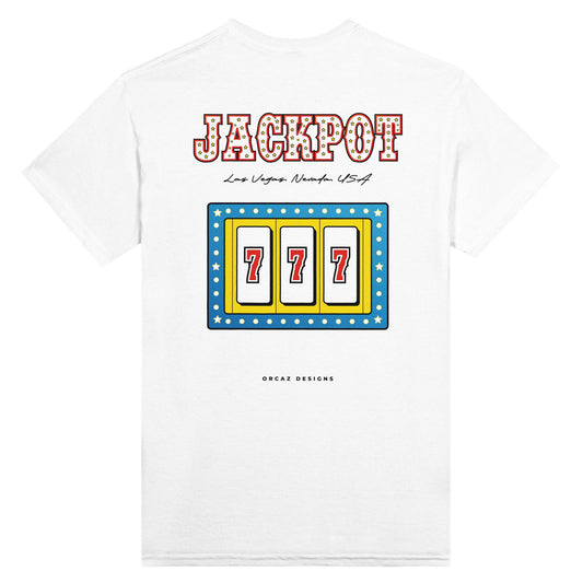 Notre tshirt blanc unisexe 100% coton à col rond imprimé dans le dos d'un design de machine à sous des casinos de Las Vegas, la célèbre ville du vice au Nevada, USA. Le triple 7, chiffre de la chance, vous rapporte le jackpot ! 