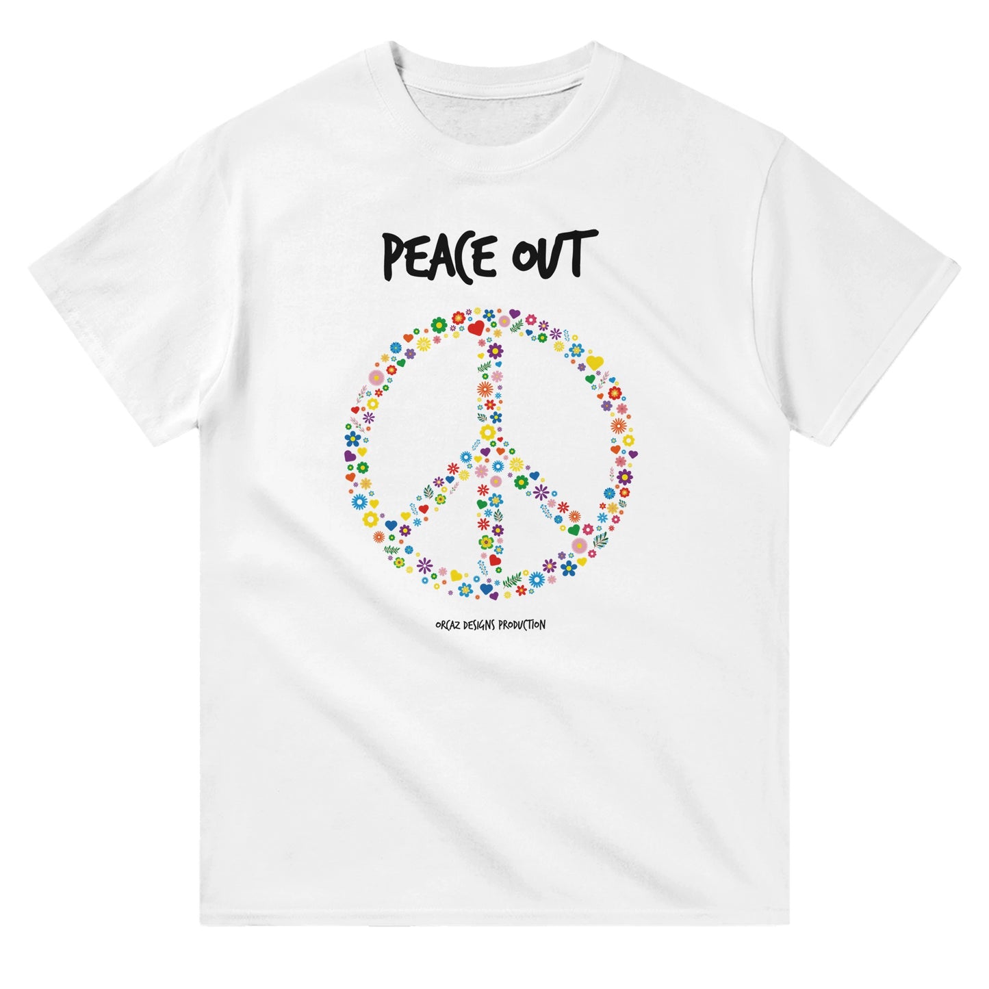 Tee shirt de couleur blanc de la marque de streetwear Orcaz Designs avec le symbole peace and love dessiné à l'aide de fleurs multicolores