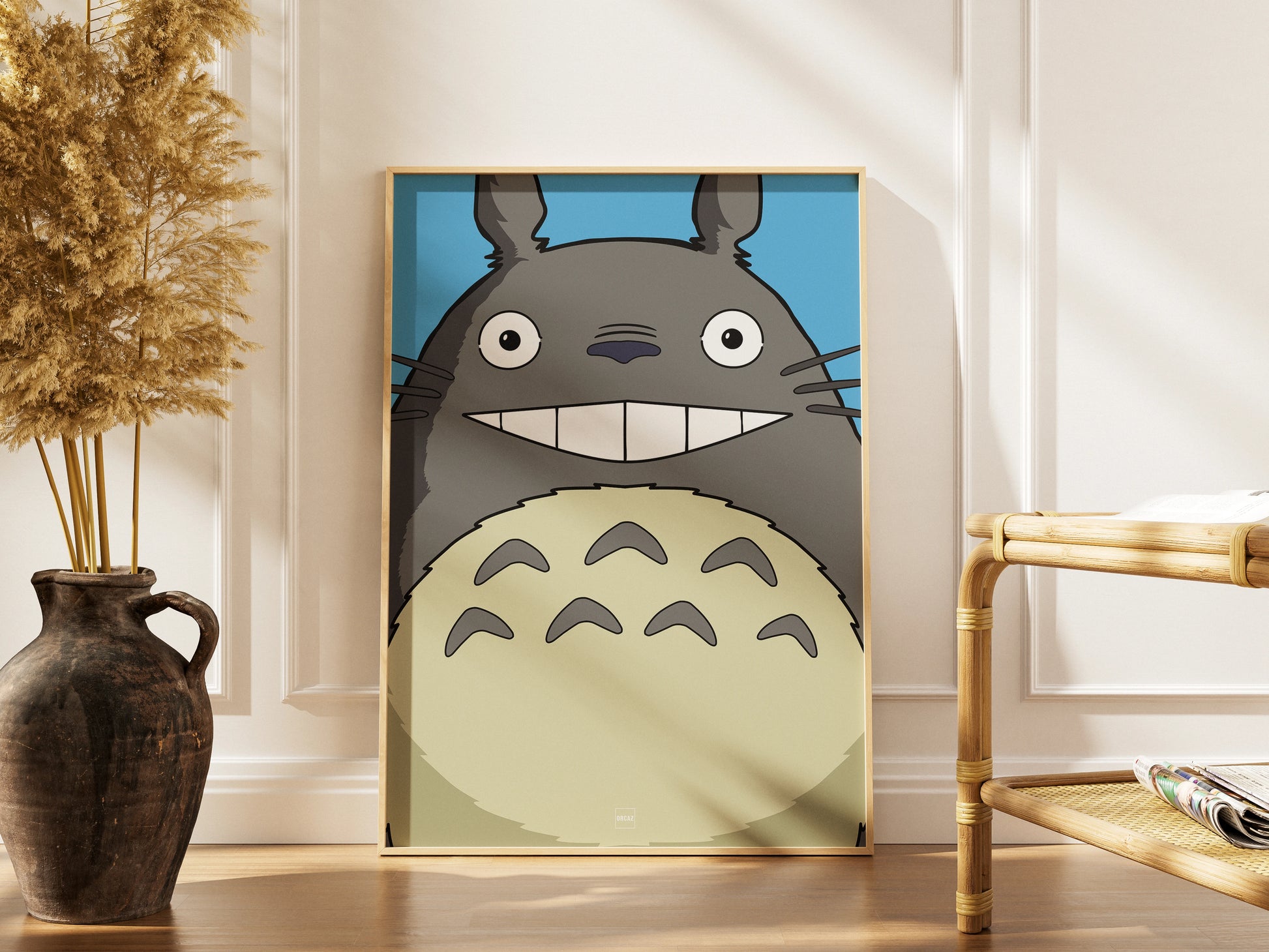 Affiche du personnage Totoro en version minimaliste sur fond bleu ciel.