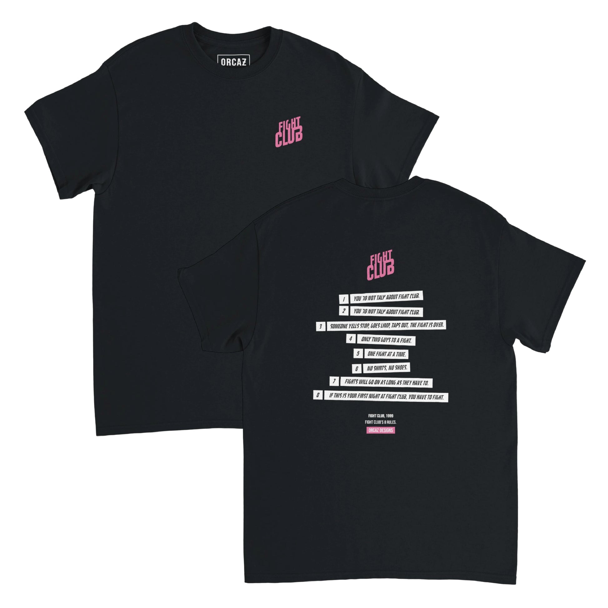 T-shirt noir de devant et de derrière avec impression sur le thème du Fight Club.