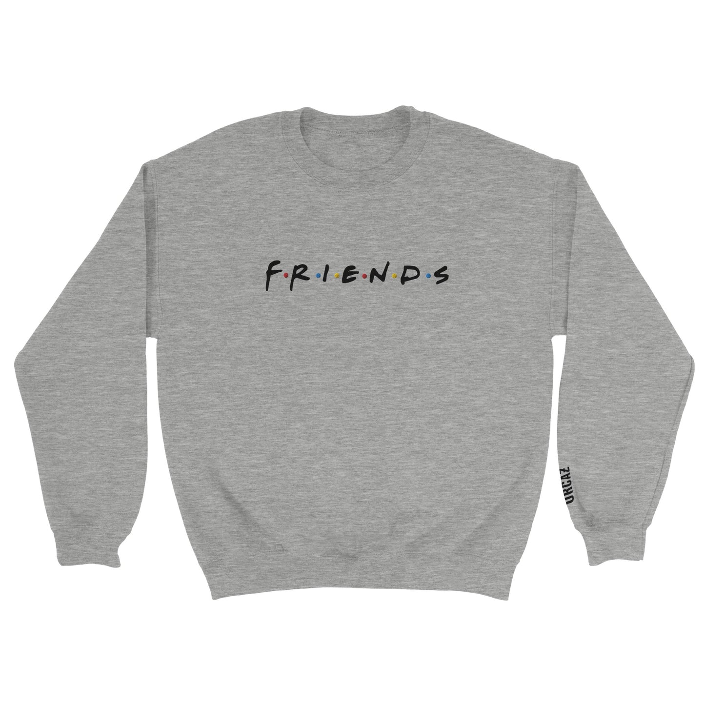 Tshirt gris clair de la série Friends avec le logo de la série brodé sur le torse et le logo Orcaz brodé sur la manche au niveau du poignet gauche