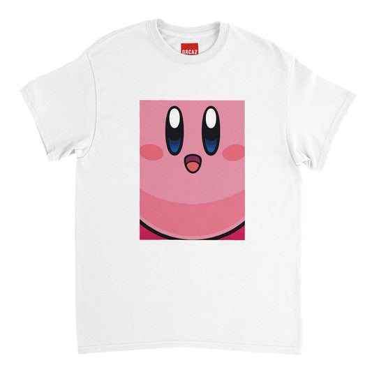 Aperçu du t-shirt blanc avec grande impression rose du personnage Kirby.