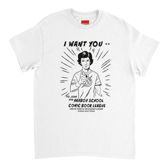 Tshirt blanc avec une illustration de Seth Cohen de la série Newport Beach pour son club de BD de Harbor