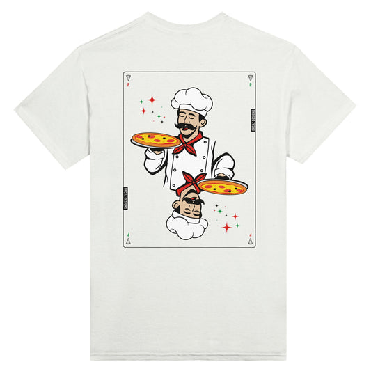 Tshirt blanc imprimé dans le dos d'un design d'un pizzaiolo italien créé comme un As d'un jeu de cartes