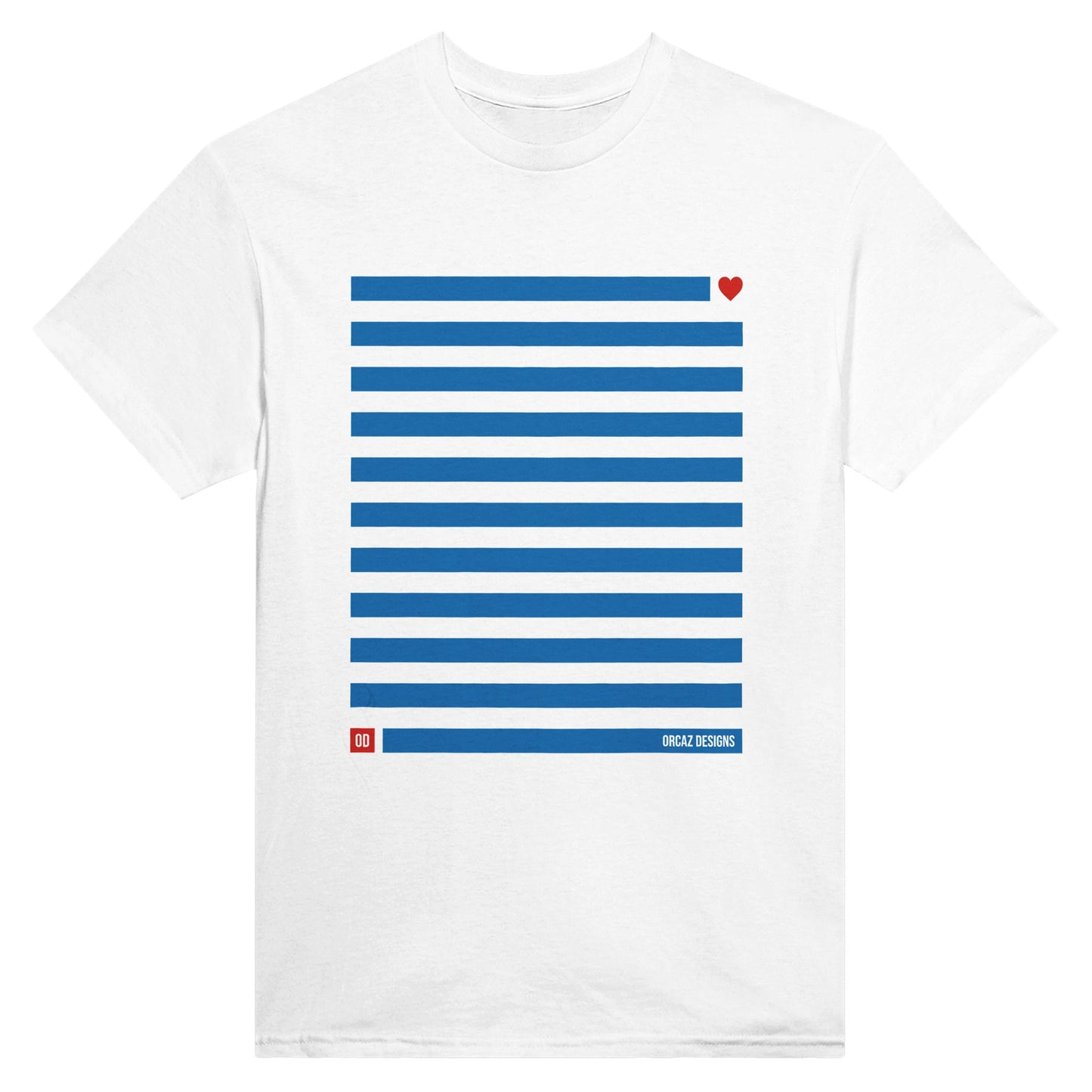 Notre Tshirt blanc "Azur" avec un design original imprimé sur le torse d'une marinière bleu avec un détail de coeur rouge