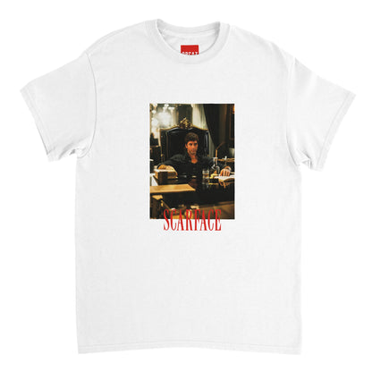 T-shirt blanc de face avec impression de Tony Montana.