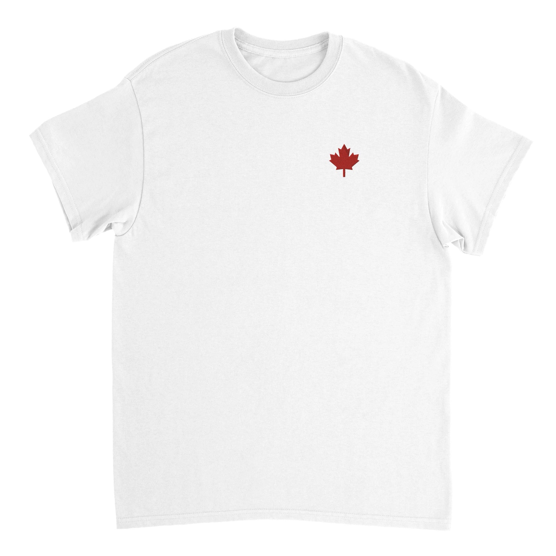 Notre Tshirt blanc à col rond 100% coton brodé sur le coeur d'une feuille d'érable rouge, symbole du Canada