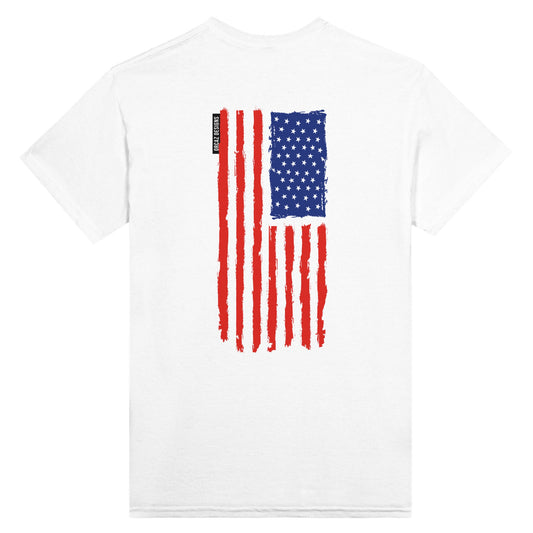 Tshirt blanc 100%coton imprimé dans le dos d'un drapeau des USA rouge, blanc et bleu, emblématique des Etats-Unis