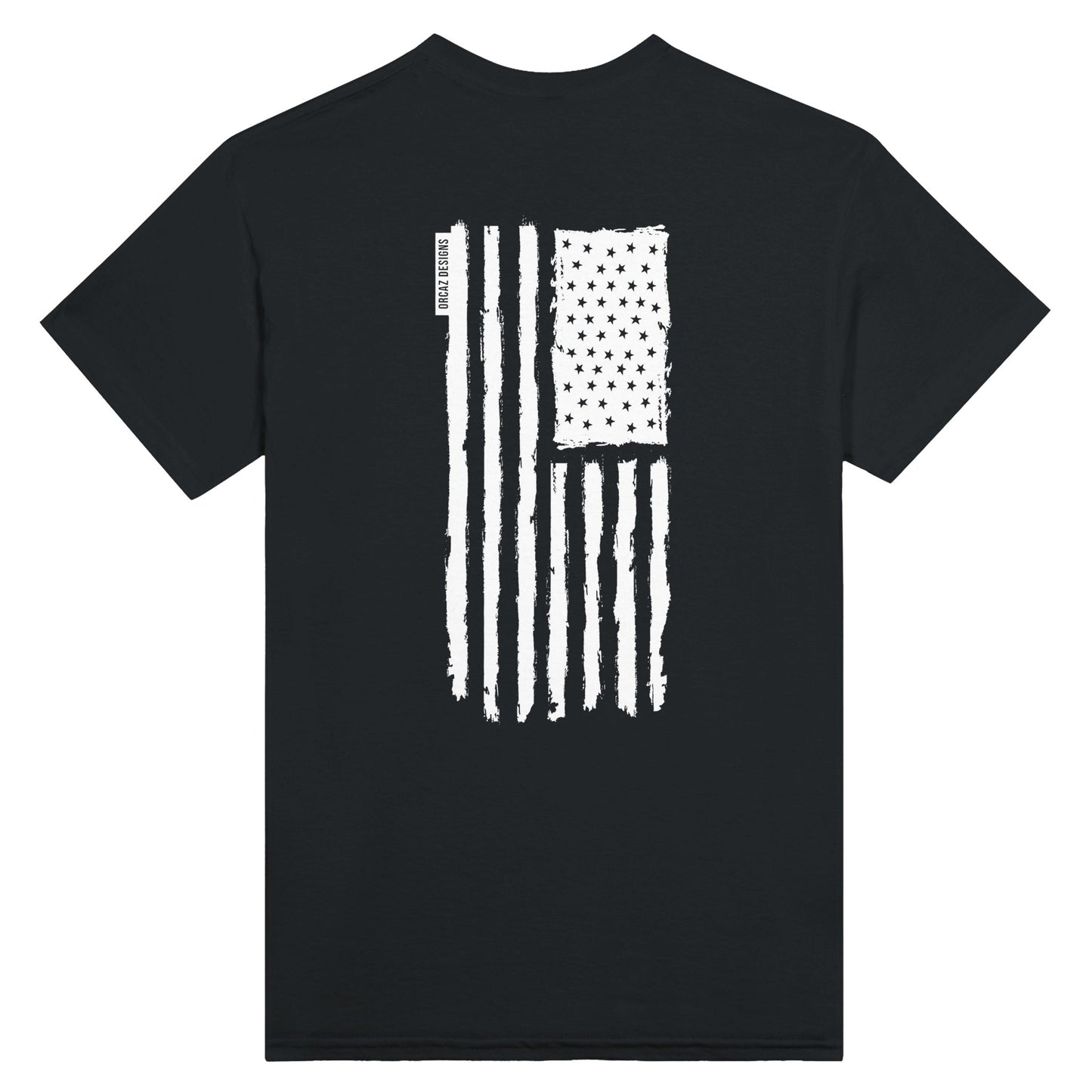 Notre Tshirt noir 100% coton imprimé dans le dos du drapeau Etats-Unis monochrome blanc. Direction les USA baby !