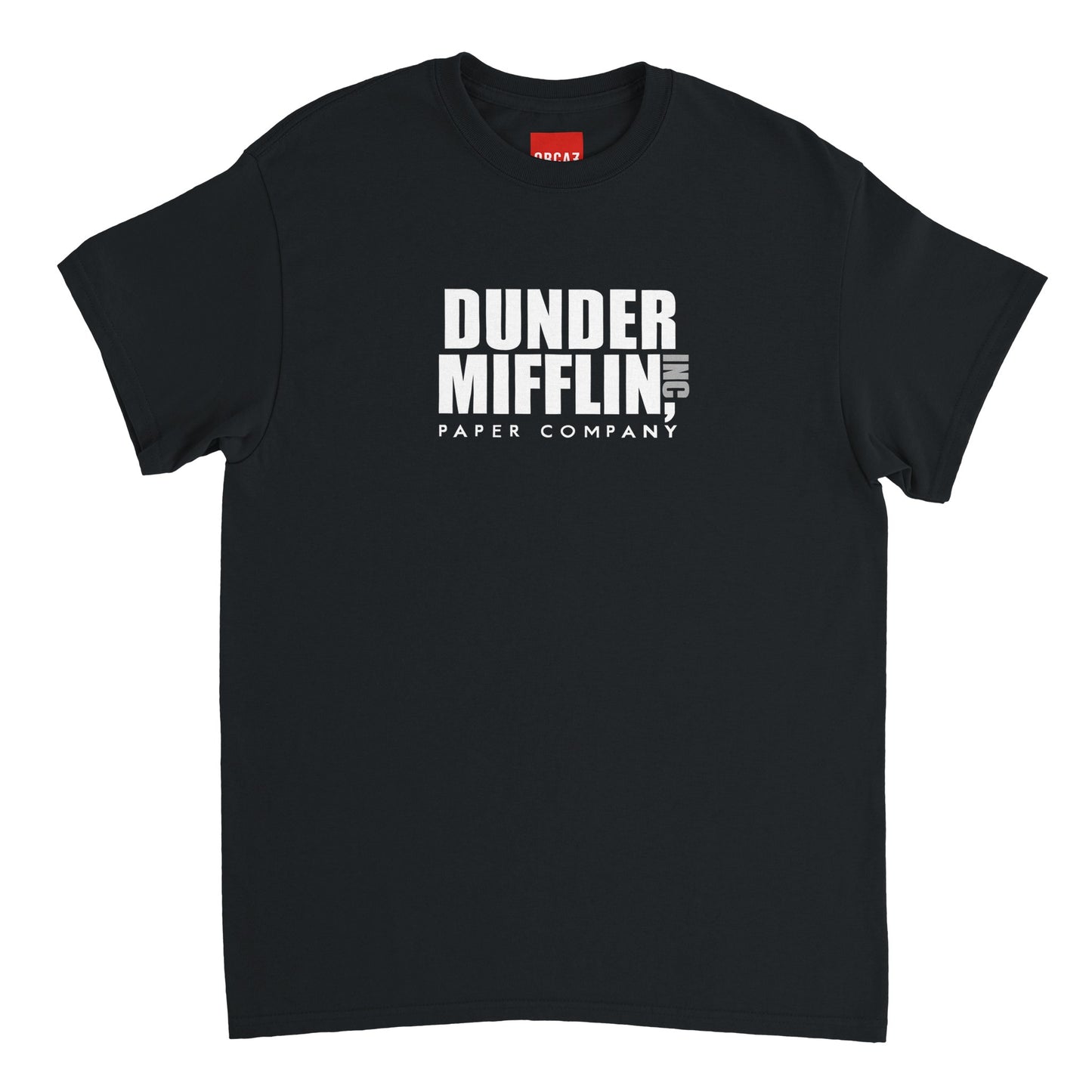 T-shirt noir avec impression Dunder Mifflin au centre du torse.