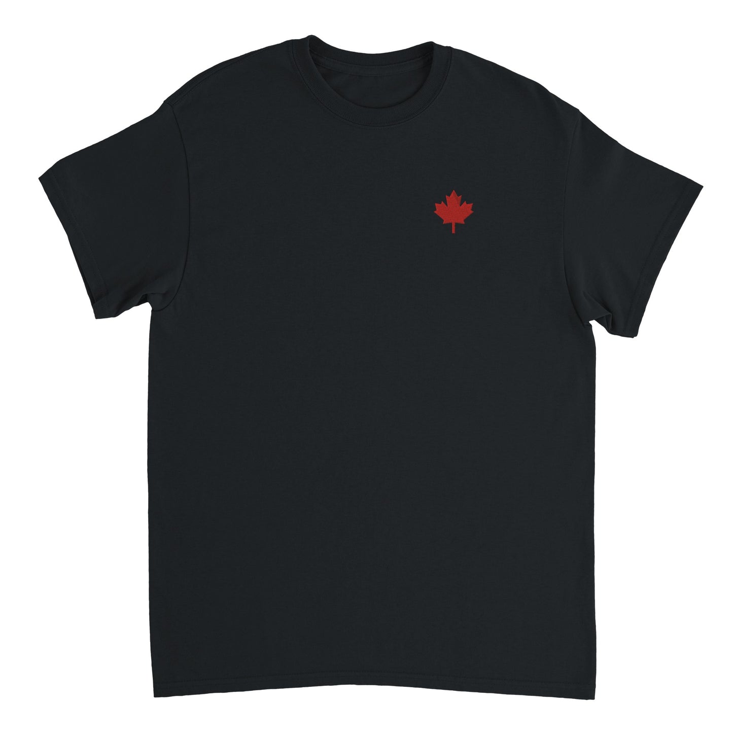 Notre Tshirt noir à col rond 100% coton brodé sur le coeur d'une feuille d'érable rouge, symbole du Canada, pays du sirop d'érable et des caribous ! 