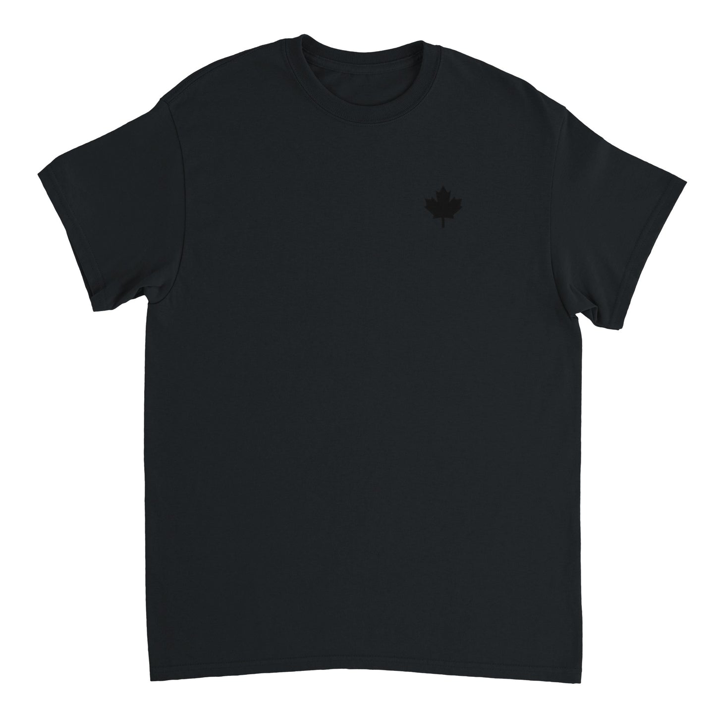 Notre Tshirt noir à col rond 100% coton brodé sur le coeur d'une feuille d'érable noire, symbole du Canada, pays du sirop d'érable et des caribous ! 