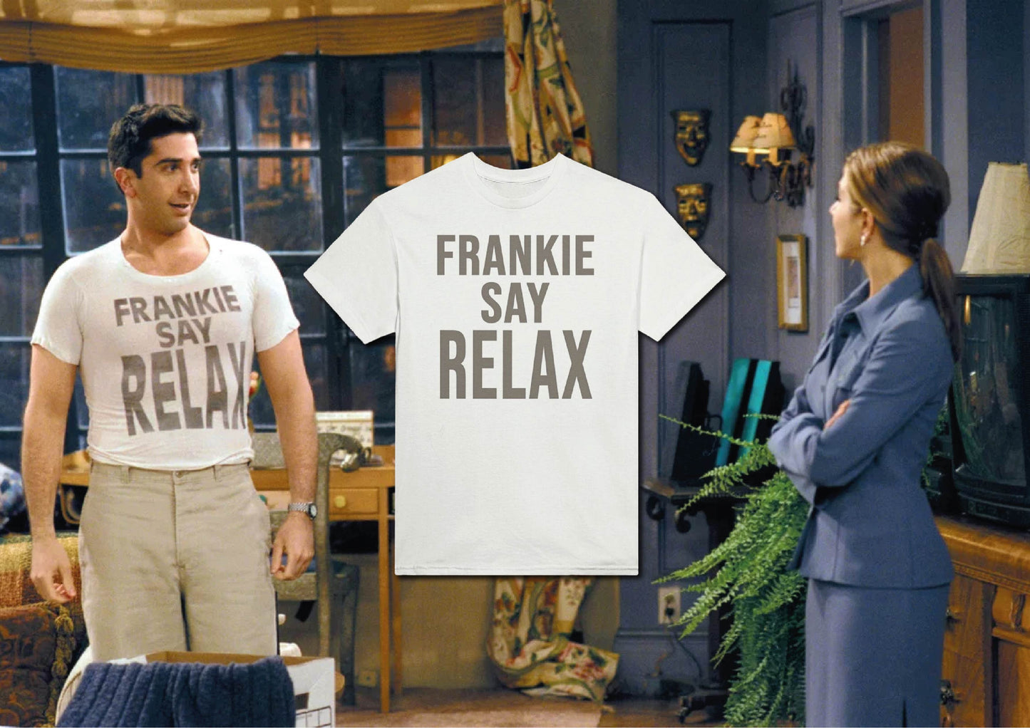 Photo de la série Friends de Ross Geller qui porte le tshirt Frankie say relax qu'il avait prêté à Rachel Green