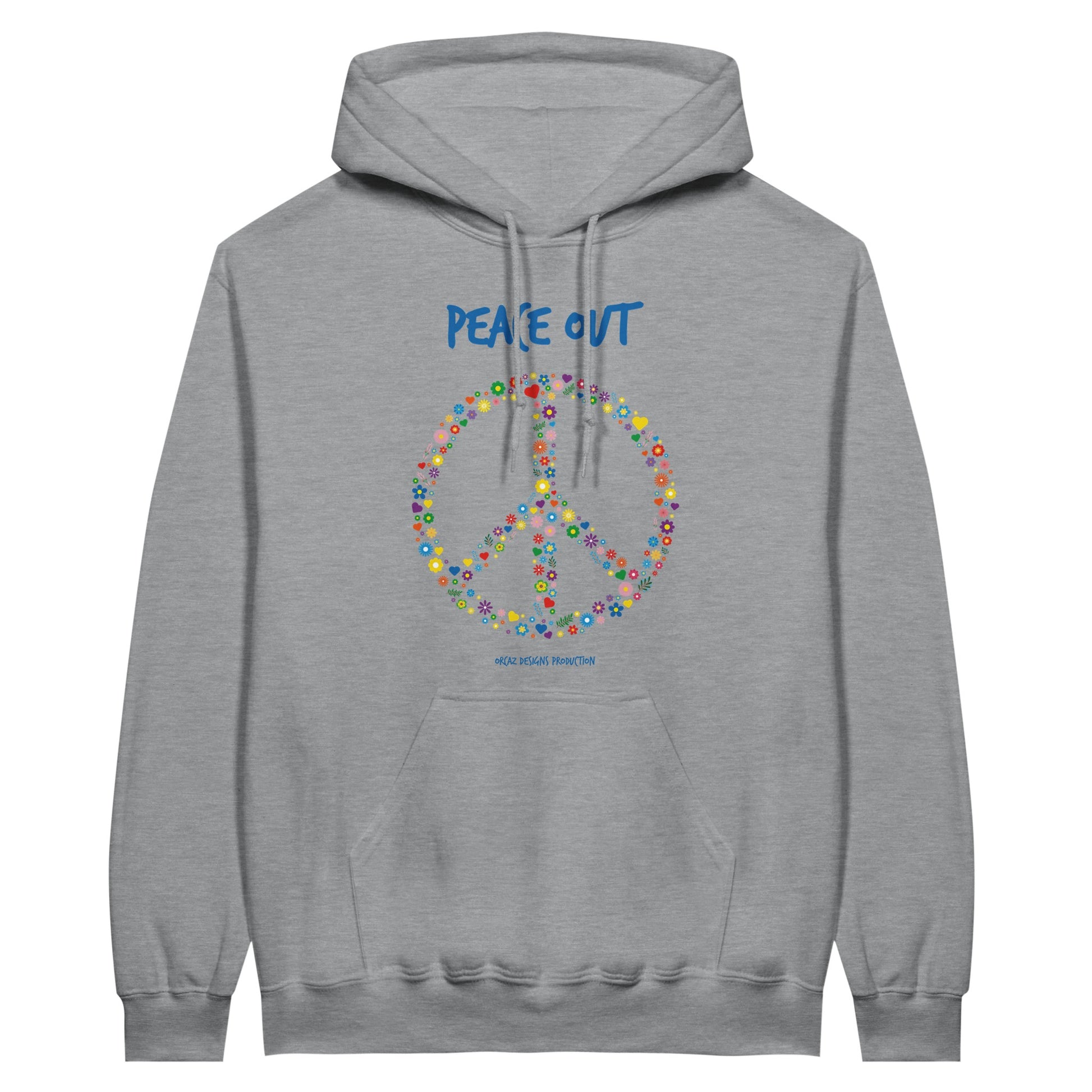 Notre pull à capuche gris clair imprimé au dessus de la poche kangourou d'un design du symbole Peace and love du mouvement hippie des années 70, créé avec des petites fleurs multicolores et d'un texte "peace out"