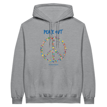 Notre pull à capuche gris clair imprimé au dessus de la poche kangourou d'un design du symbole Peace and love du mouvement hippie des années 70, créé avec des petites fleurs multicolores et d'un texte "peace out"