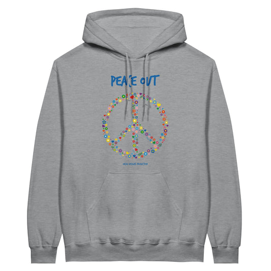 Notre pull à capuche gris clair imprimé au dessus de la poche kangourou d'un design du symbole Peace and love du mouvement hippie des années 70, créé avec des petites fleurs multicolores et d'un texte "peace out"