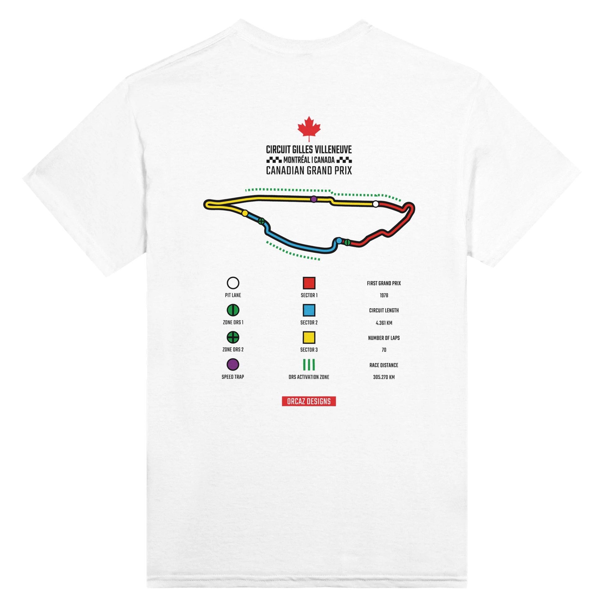 tshirt blanc orcaz designs en coton avec le plan du circuit de montréal et la légende