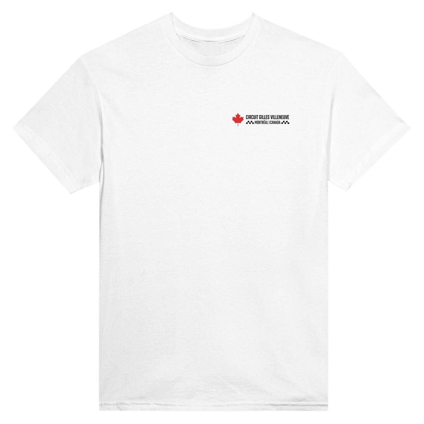 tshirt blanc orcaz designs en coton avec impression suivante sur le coeur : circuit gilles villeneuve, Montréal, Canada