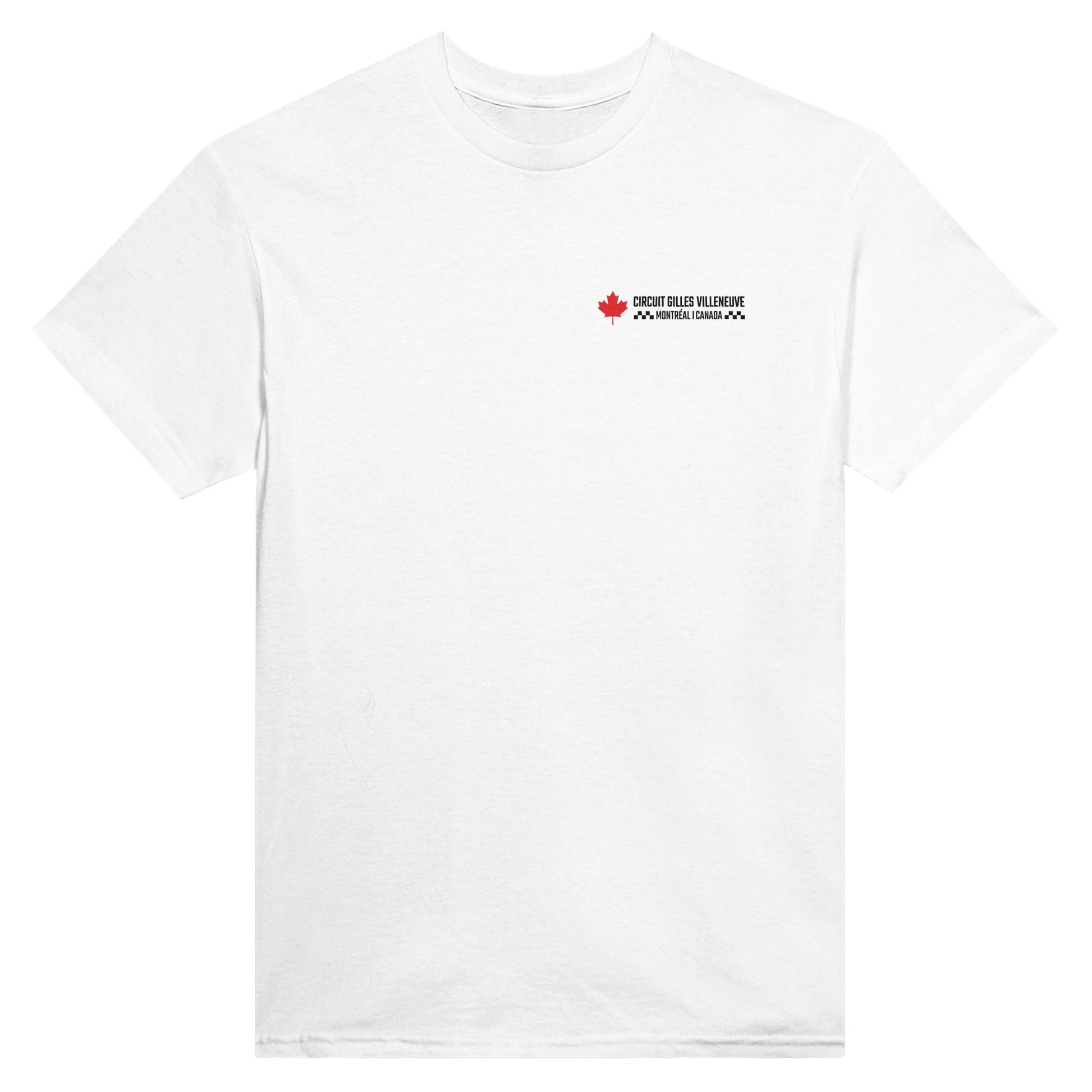 tshirt blanc orcaz designs en coton avec impression suivante sur le coeur : circuit gilles villeneuve, Montréal, Canada