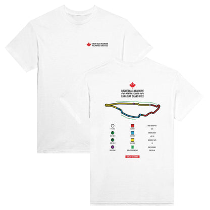 Aperç recto verso de notre tshirt "Canadian GP". Sur le coeur, on retrouve le texte "circuit Gilles Villeneuve, Montréal, Canada". Dans le dos, notre design original du circuit dessiné avec toutes les étapes et une légende détaillée en couleurs, avec les textes "circuit Gilles Villeneuve, Montréal, Canada" et "Canadian Grand Prix". 