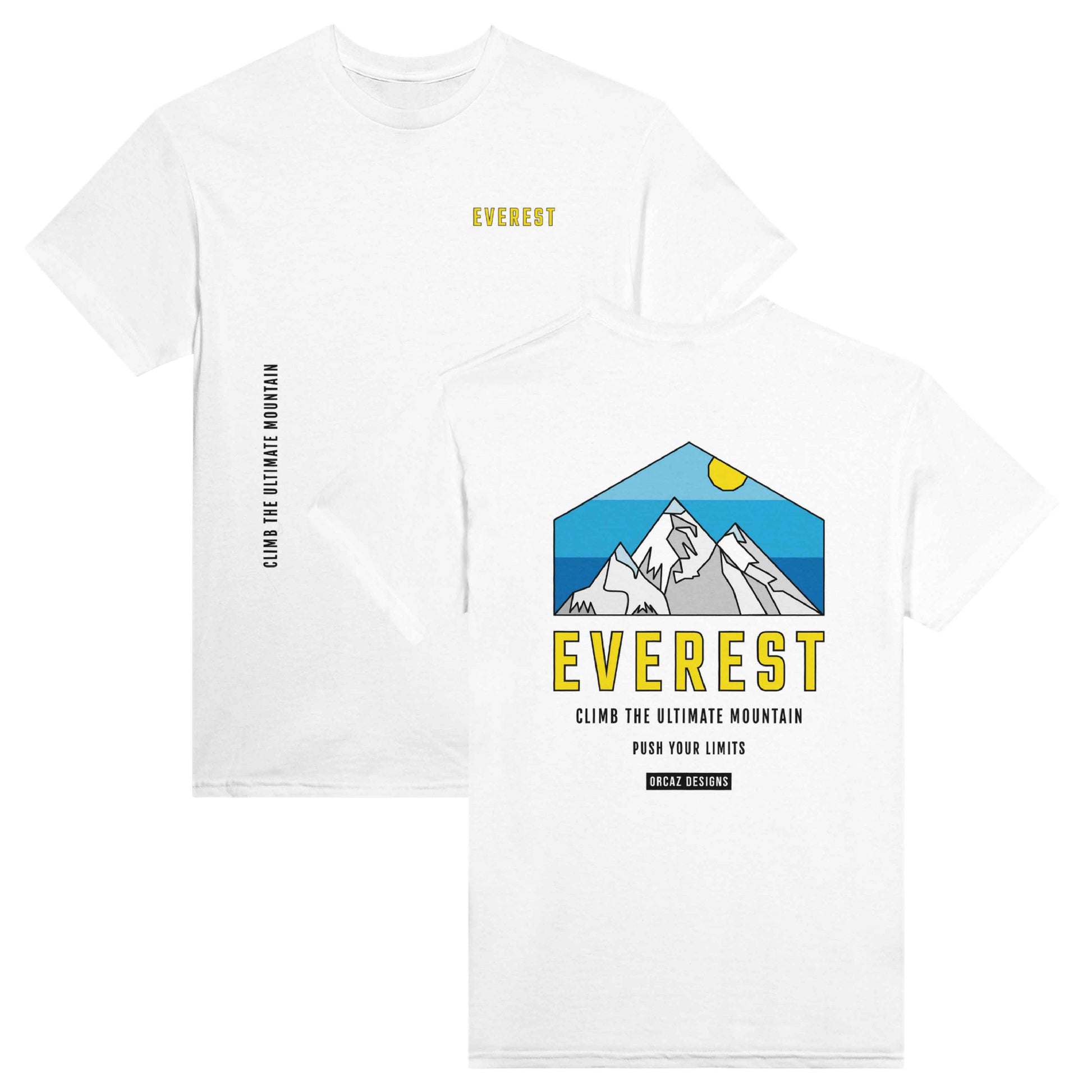 Aperçu recto verso de notre tshirt "Everest". Sur la poitrine, on retrouve le texte "Everest" imprimé en jaune et sur le ventre à la verticale, le texte noir "Climb the ultimate mountain". dans le dos, notre design original du sommet enneigé d'une des plus belles montagnes du mondes, sur un fond de ciel bleu ciel et foncé, et les textes "Everest", "climb the ultimate mountain" et "push your limits". 