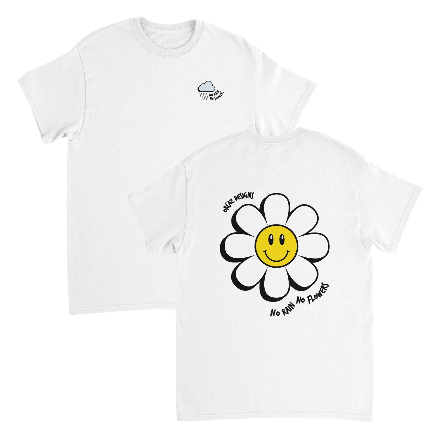 Aperçu recto verso de notre tshirt "No rain no flowers" avec sur le coeur, un nuage gris et quelques gouttes de pluie imprimé avec le texte "No rain no flowers". Dans le dos, on retrouve le même texte "No rain no flowers" autour d'une grande fleur dont le centre est un smiley souriant jaune, aux pétales blancs. 