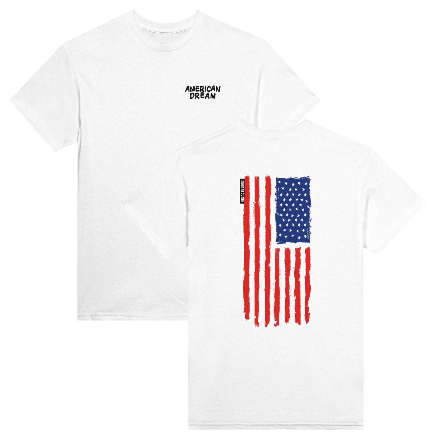 Aperçu recto verso de notre tshirt "American Dream". Sur le coeur, le texte "American Dream" est imprimé en noir, et dans le dos, on retrouve le drapeau des Etats-Unis d'Amérique à la verticale. 