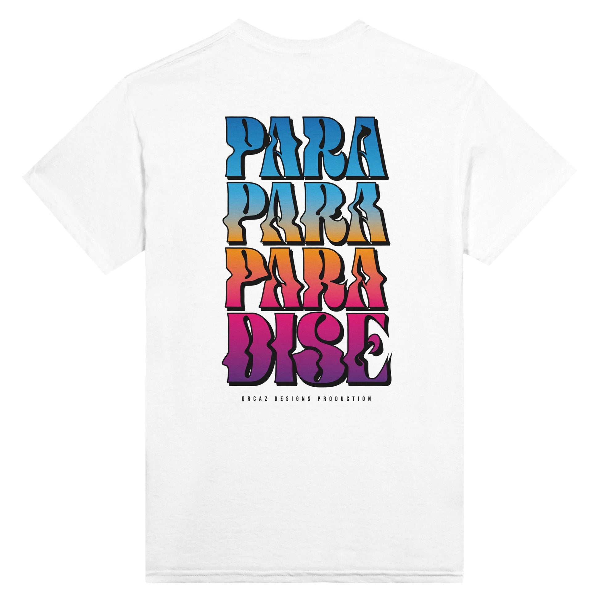 Tshirt Orcaz Designs blanc en coton avec illustration typographique du mot paradise en couleurs imprimée dans le dos