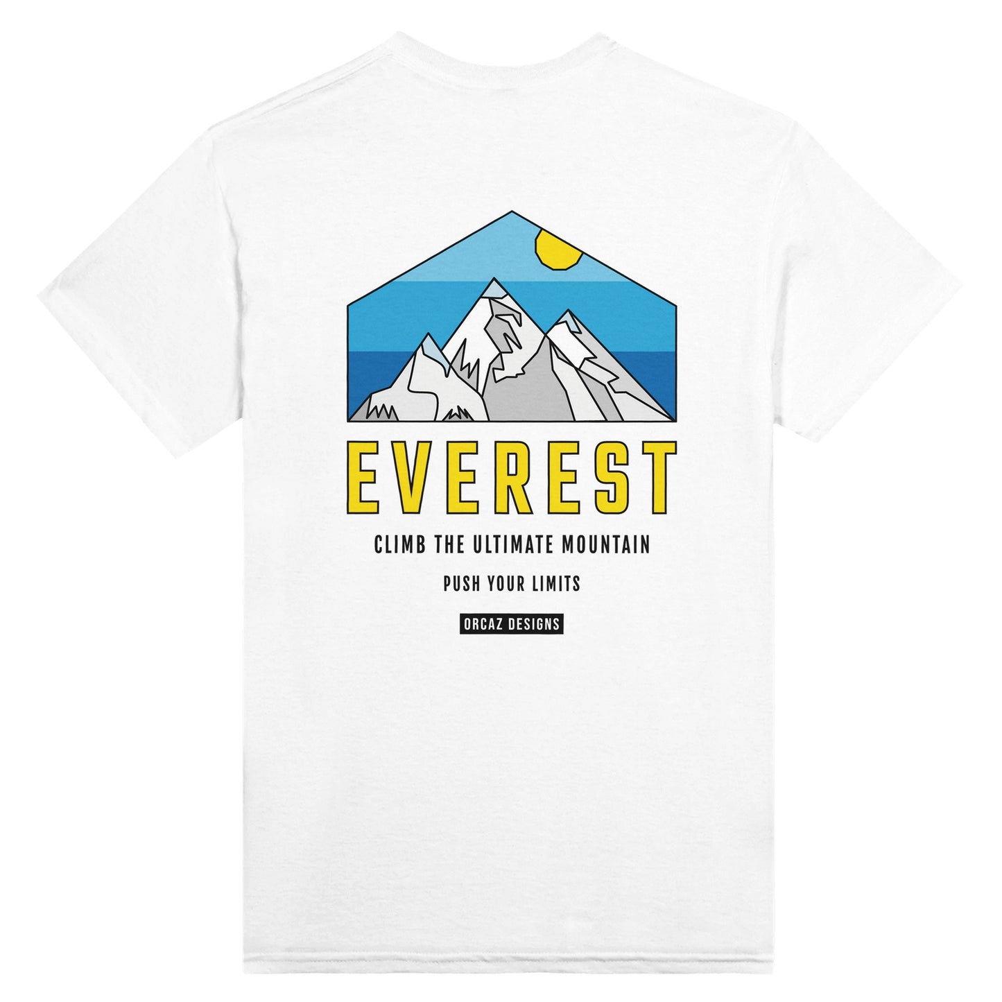 Tshirt blanc Orcaz Designs, impression dans le dos de notre design du mont Everest 