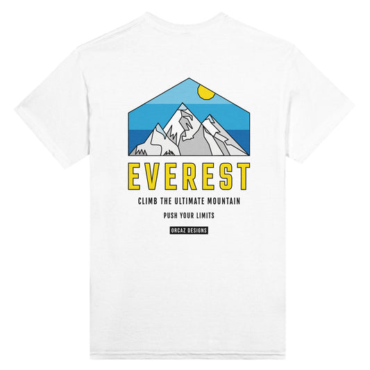 Tshirt blanc Orcaz Designs, impression dans le dos de notre design du mont Everest 