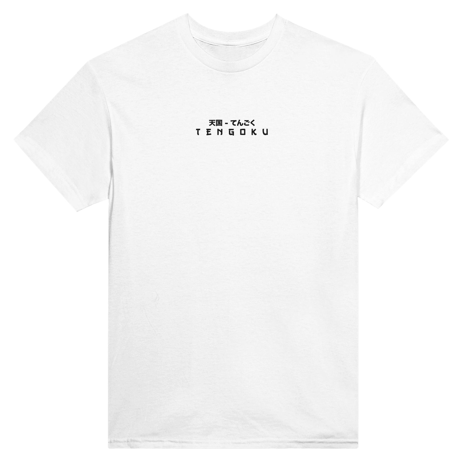 Tshirt orcaz designs blanc en coton avec texte japonais et le mot tengoku imprimés sur le torse en noir