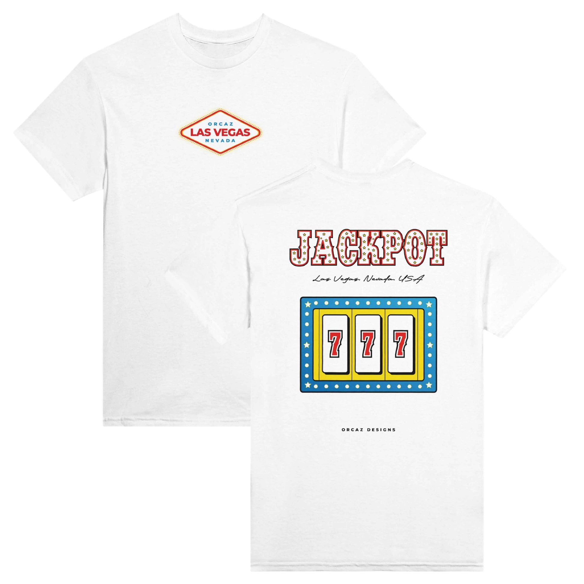 Aperçu recto verso de notre tshirt "Jackpot". Sur la poitrine, on retrouve la célèbre pancarte de la ville de Las Vegas, et dans le dos le texte "Jackpot" est imprimé dans une typographie inspirée des casinos du Stripe, avec le texte "Las Vegas, Nevada, USA" et notre design original d'une machine à sous bleue, jaune et rouge. 