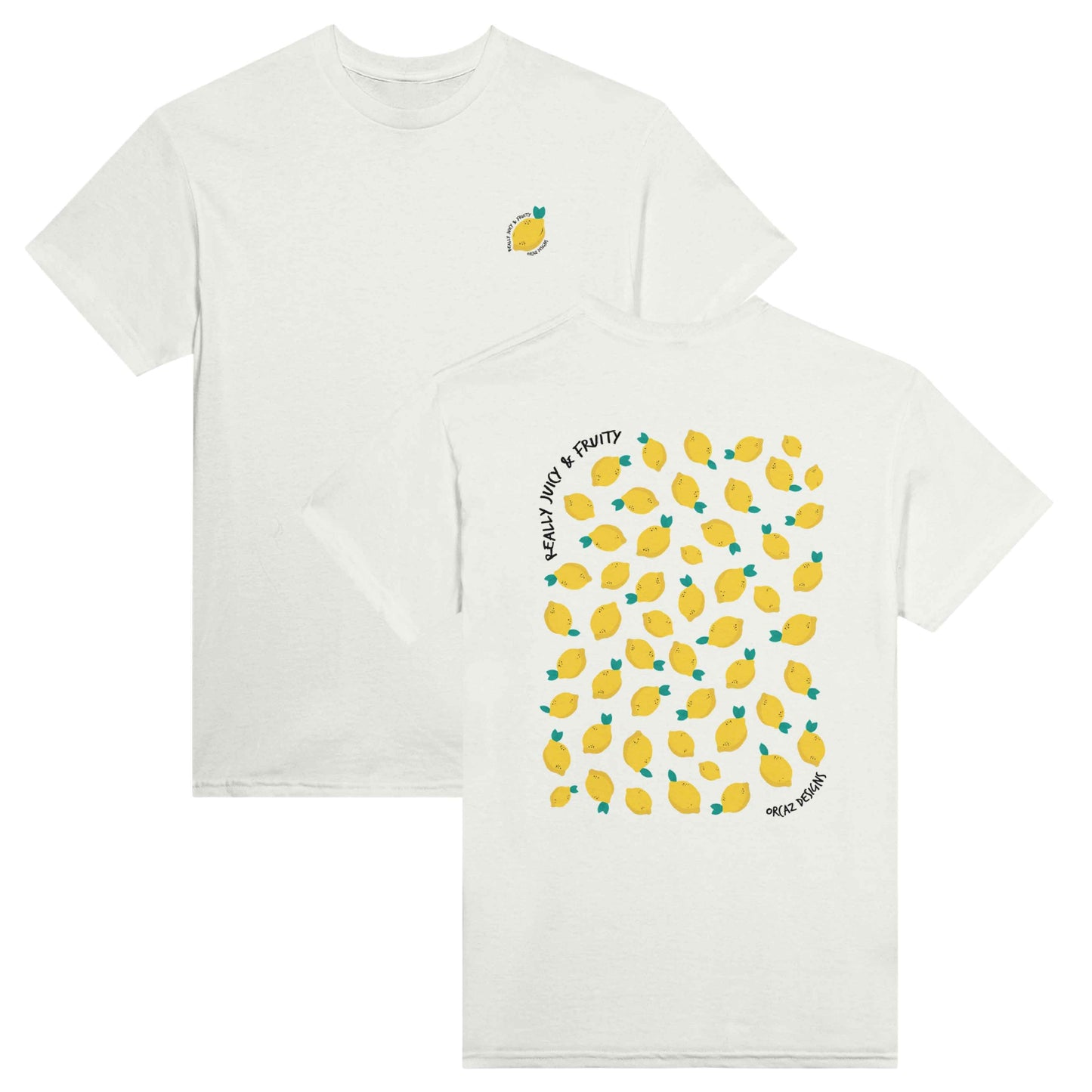 Aperçu recto verso de notre tshirt "Really Juicy & Fruity". Sur le cœur on retrouve un citron jaune entourné du texte "Really Juicy & Fruity", et dans le dos un retrouve une impression de nombreux citrons et du texte "Really Juicy & Fruity" en noir. 