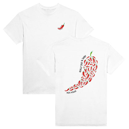 Aperçu recto verso de notre tshirt "Really Spicy & Shiny". Sur le coeur, on retrouve un piment rouge avec le texte "Really Spicy & Shiny", et dans le dos, plusieurs petits piments rouges et un piment vert dessinent la forme d'un gros piment, avec le même texte "Really Spicy & Shiny".