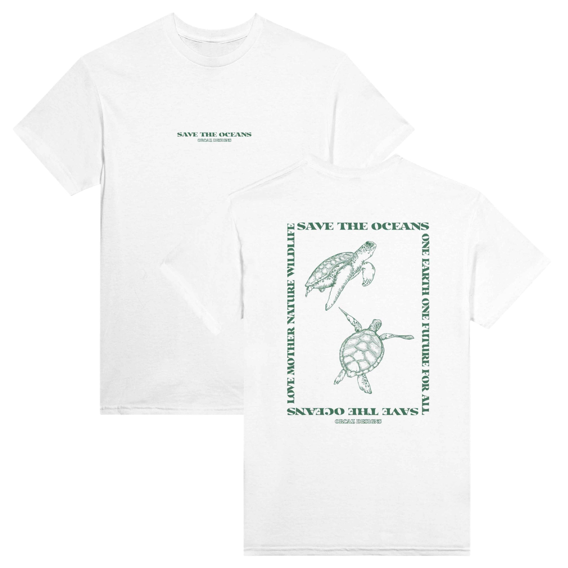 Aperçu recto verso de notre tshirt "Save The Oceans". On retrouve une impression verte sur la poitrine du texte vert "Save the oceans" et dans le dos, un design de deux tortues marines en train de nager entourées des textes "Saves the oceans", "One earth one future for all" et "love mother nature wildlife". 