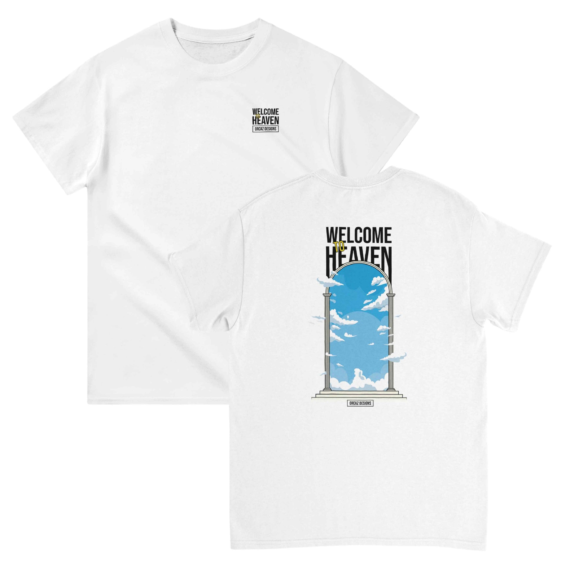 Aperçu recto verso de notre tshirt "Welcome To Heaven". Sur le coeur, on retrouve le texte "Welcome To Heaven" imprimé en noir, et dans le dos, notre design original de la porte du paradis avec de belles colonnes à la grecque et un ciel bleu et quelques nuages blancs magiques et cotonneux, et le texte "Welcome To Heaven" étiré au sommet de l'arche. 